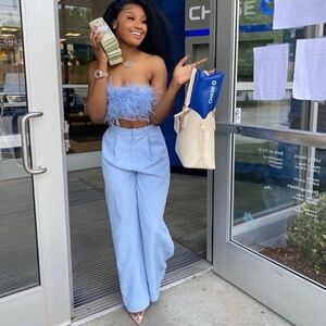 Fashion Nova Where She Going Faux Feather Set - Light Blue